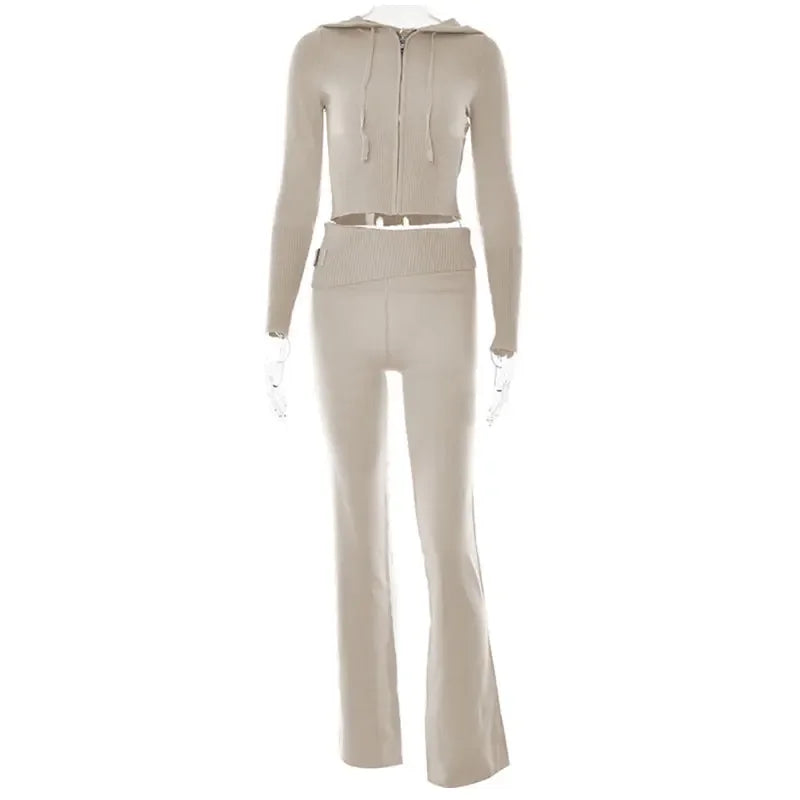 Women's Ribbed Knit Tracksuit – Hooded Crop Top & Flare Pants Women's Tracksuit Set Axl APRICOT M