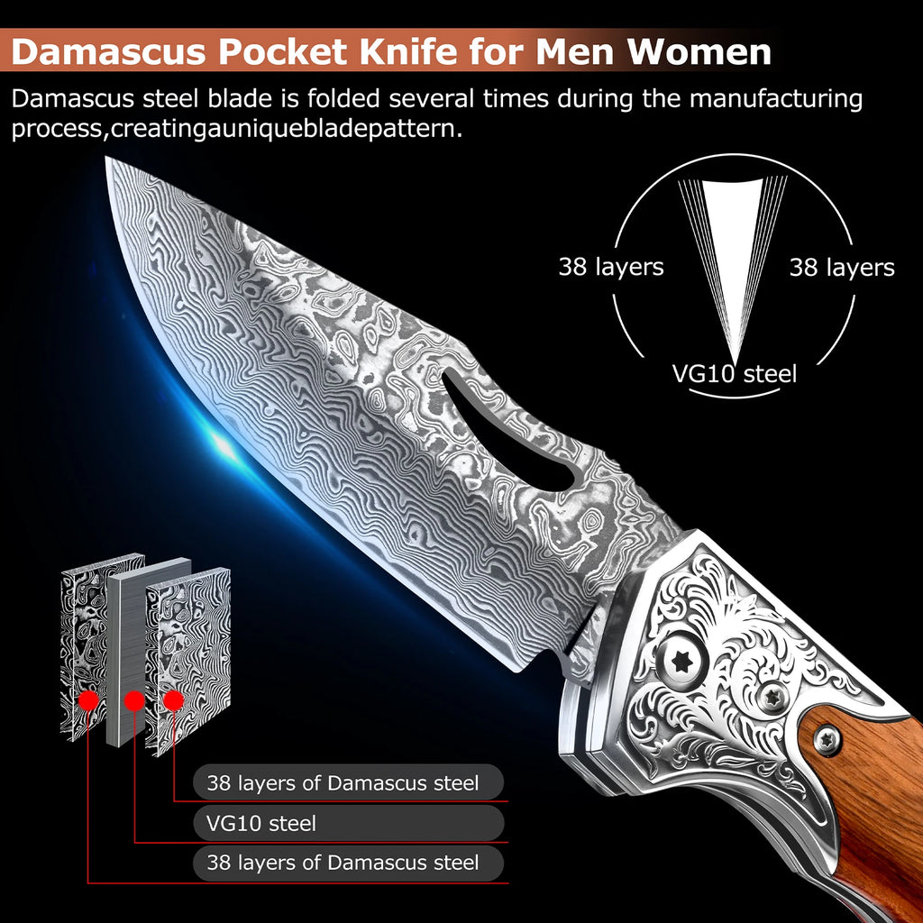 67-Layer Damascus Folding Pocket Knife – Wood Handle EDC Damascus Folding Knife Axl