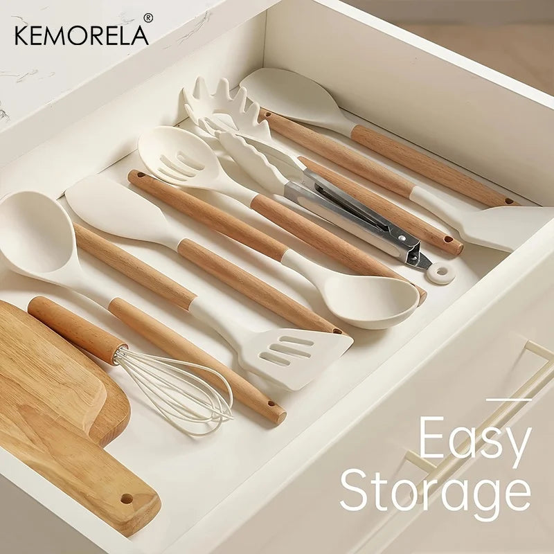 KEMORELA 10-Pc Silicone Cooking Utensils Set – Wood Handle Cooking Utensil Set Axl