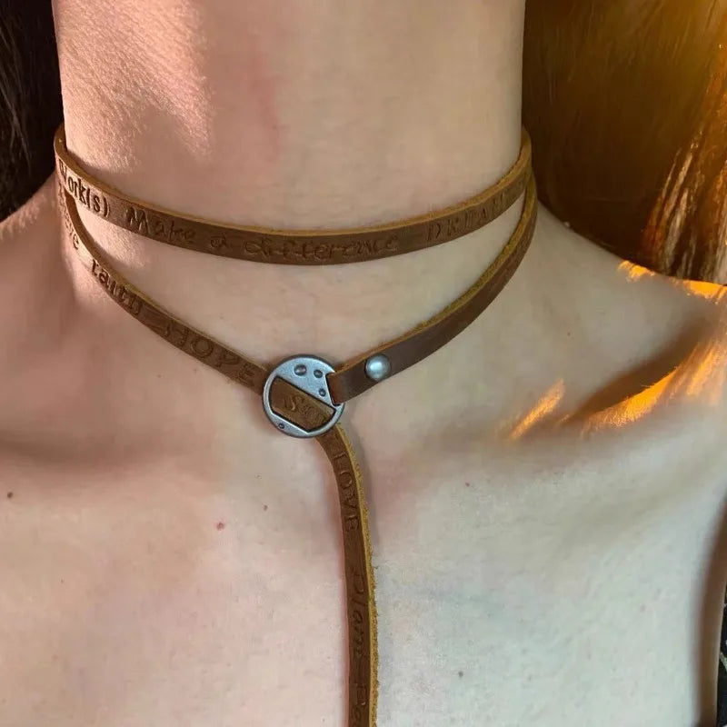 Brown Faux Leather Choker Necklace – Adjustable Waist Chain Leather Choker Necklace Axl