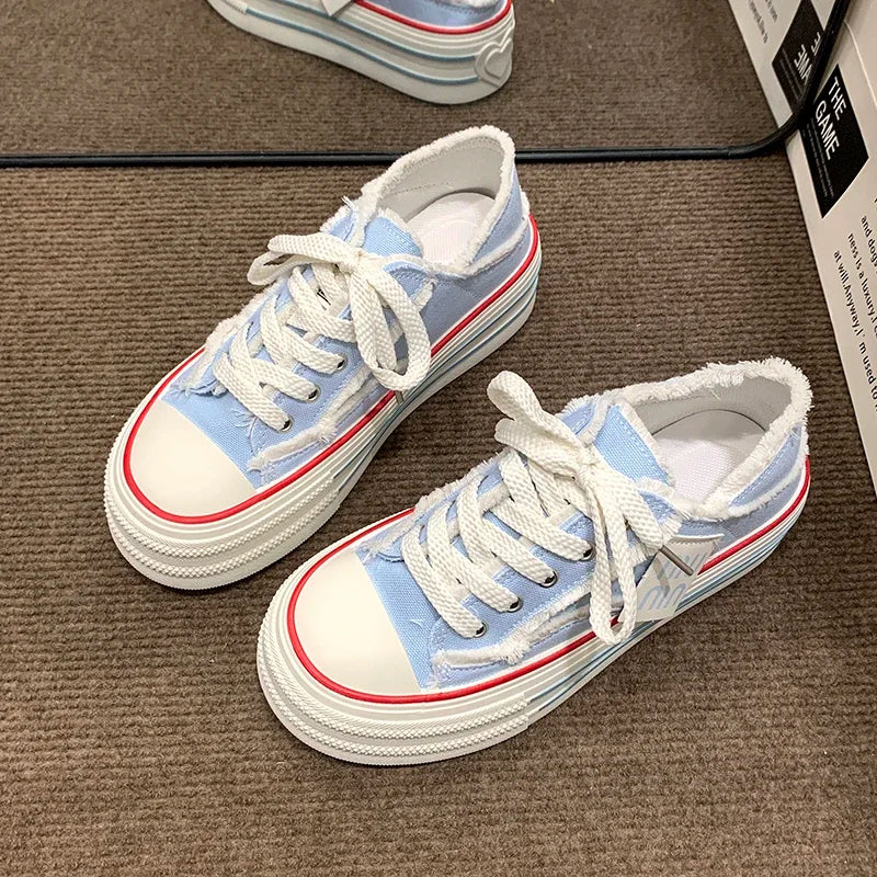 Women's Platform Canvas Sneakers – Casual Lace-Up Half Slipper Platform Canvas Sneakers Axl SKY BLUE 37