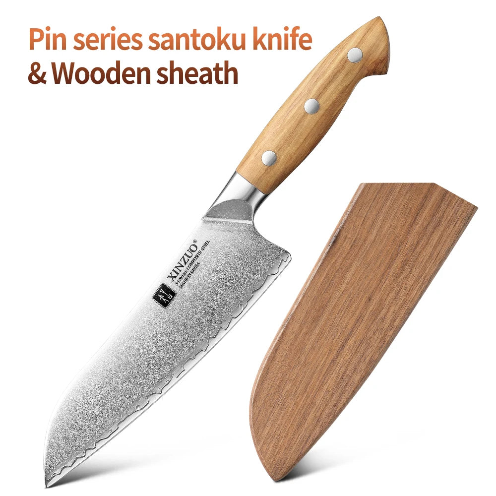 XINZUO 7.28" Damascus Santoku Knife – Olive Wood Handle Gift Box Santoku Knife Axl With Wooden Sheath China Mainland 7.5 inch