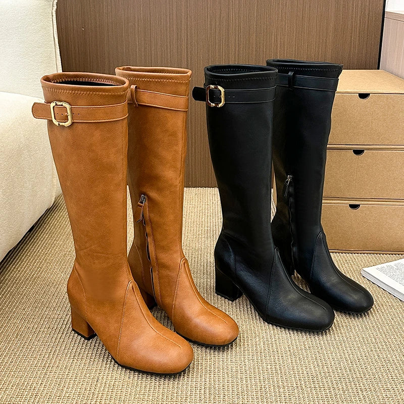 Women's Knee-High Boots | Square Heel Round Toe Buckle Knee-High Boots Axl