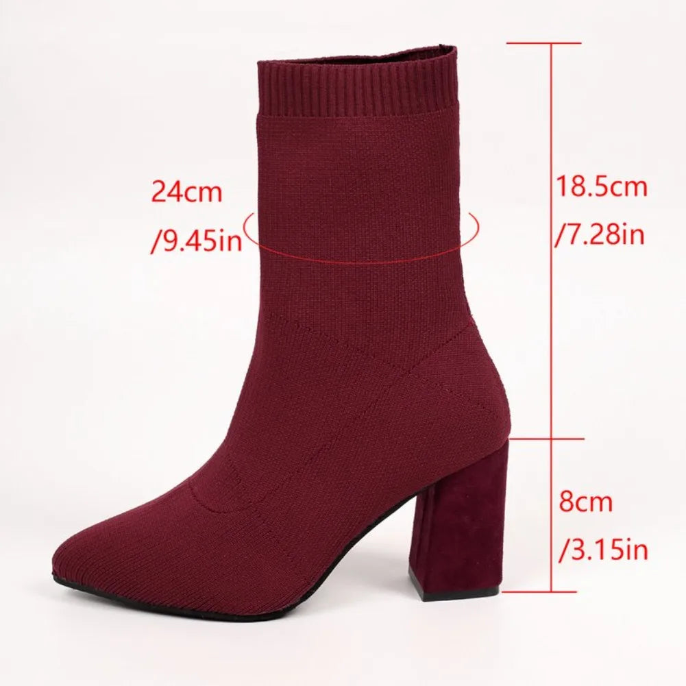 Women's Stretch Knit Sock Ankle Boots – Pointed Toe Chunky Heel Sock Ankle Boots Axl