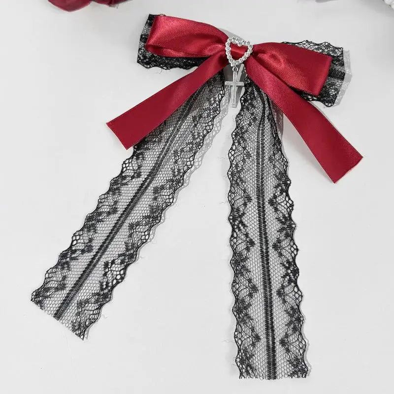 Gothic Lace Bow Hair Clip – Lolita Barrette with Rhinestone Cross Lace Bow Hair Clip Axl Red