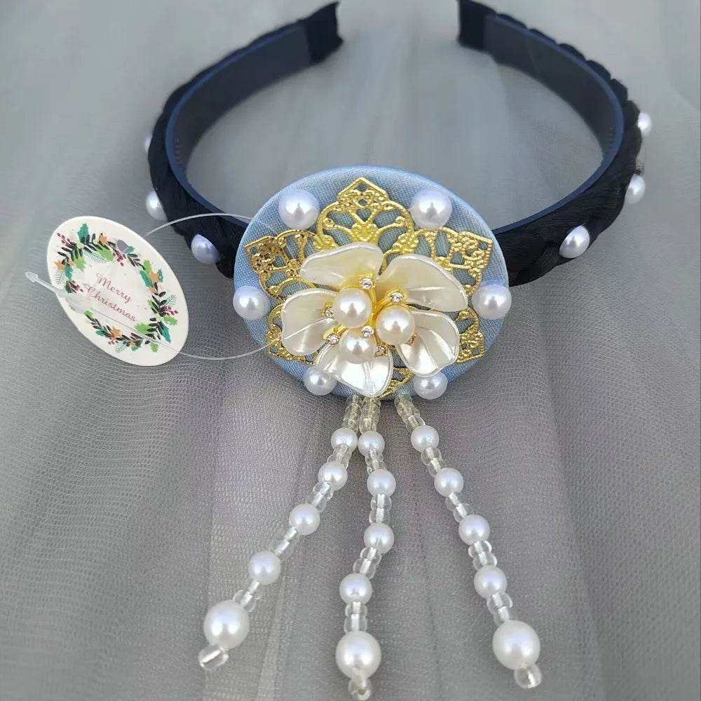 Korean Hanbok Headband – Pearl Flower Tassel Hair Hoop Hair Headband Axl light blue
