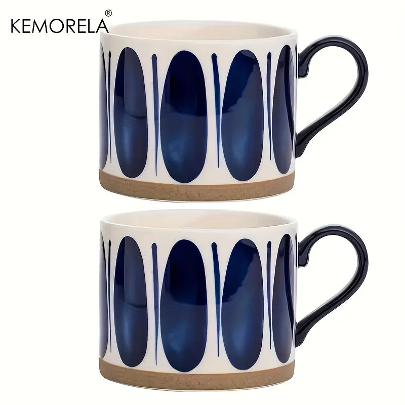 KEMORELA 2-Pack Ceramic Coffee Mugs – Blue & White Geometric Ceramic Coffee Mugs Axl A 400ML