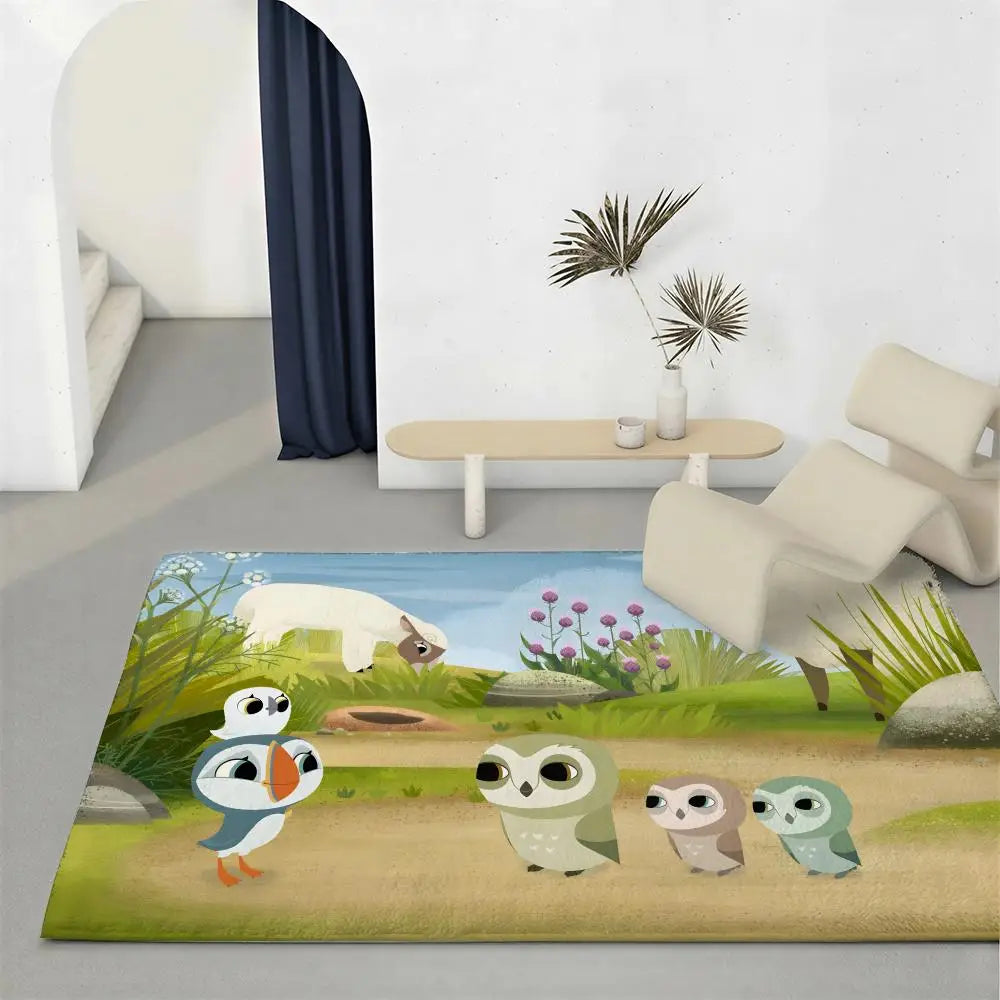 Kids Cartoon Puffin Flannel Floor Rug – Soft Non-Slip Indoor Mat Kids Floor Rug Axl White4 120x160cm