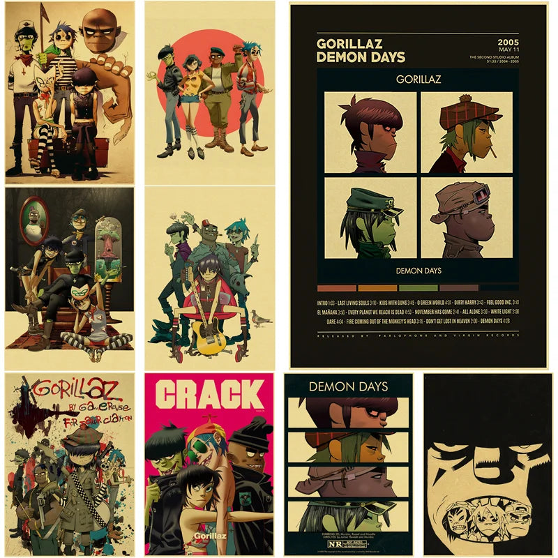 Gorillaz Demon Days Retro Kraft Paper Music Poster | Wall Art Music Wall Poster Axl
