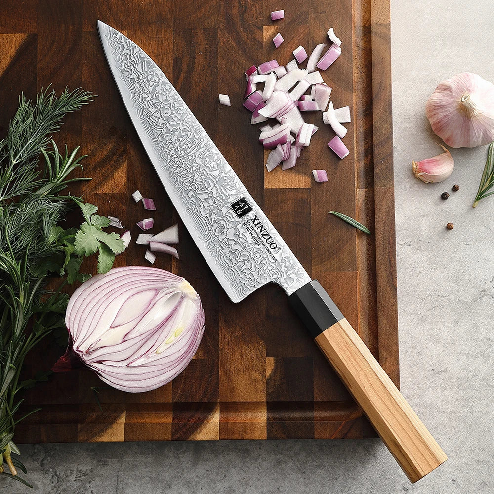 XINZUO 8.5" Damascus Chef Knife – Olive Wood Octagonal Handle Damascus Chef Knife Axl