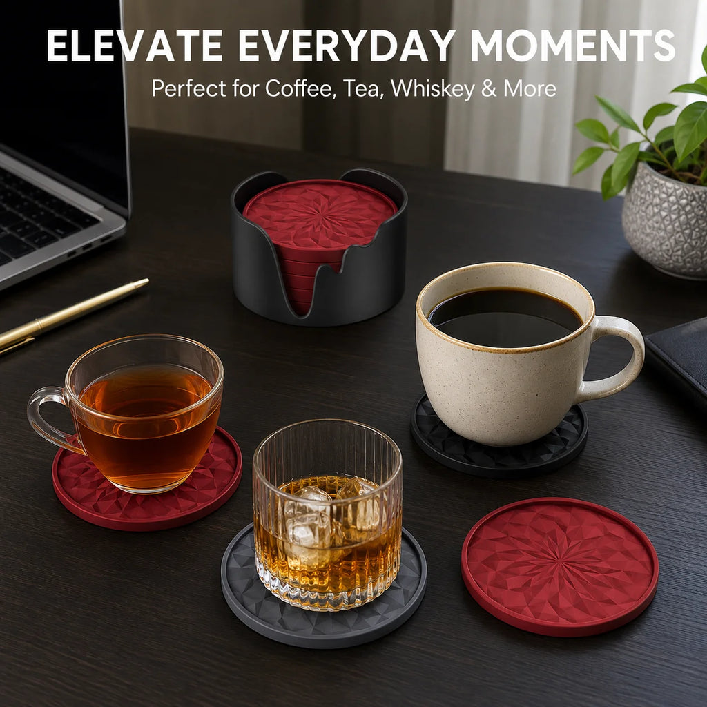 6-Piece Silicone Coasters with Holder – Non-Slip & Heat Safe Silicone Coaster Set Axl