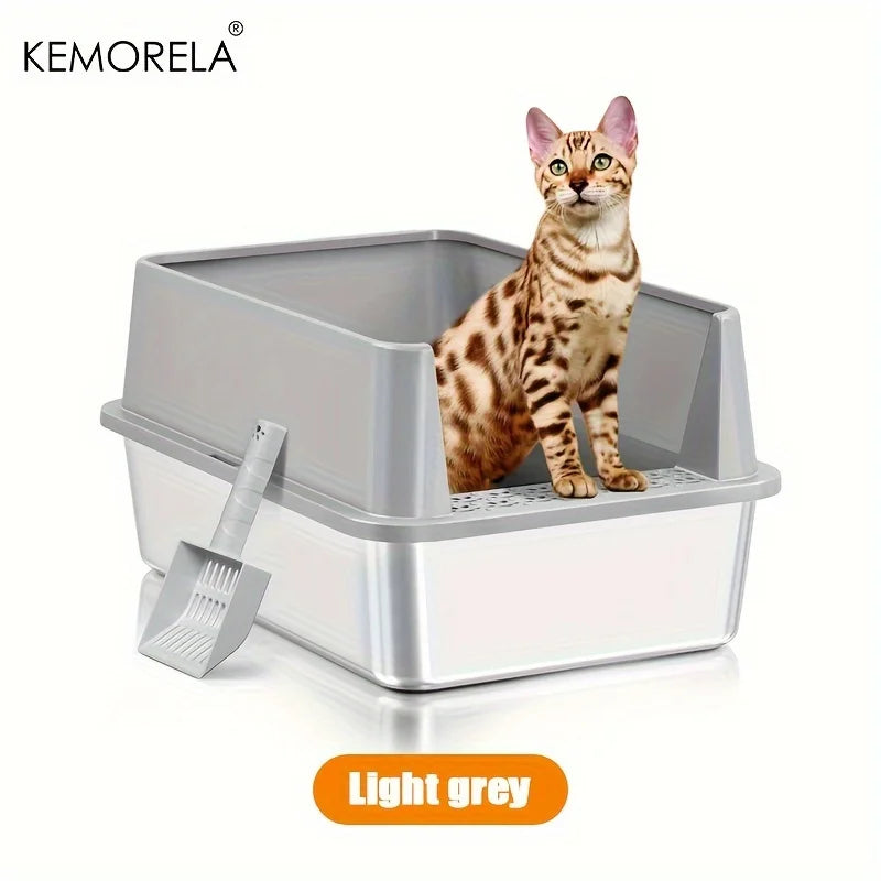 KEMORELA XL Stainless Steel Cat Litter Box with Lid & Scoop Cat Litter Box Axl Light Grey
