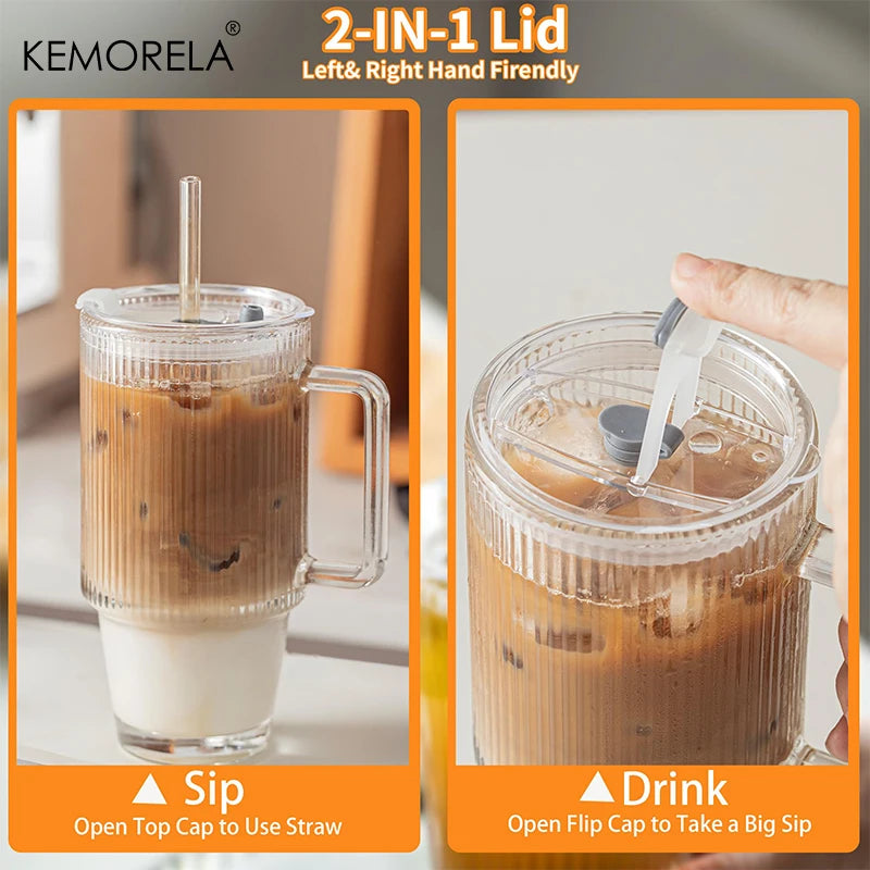 KEMORELA 700ml Striped Glass Cup with Lid, Straw & Handle Glass Drinking Cup Axl