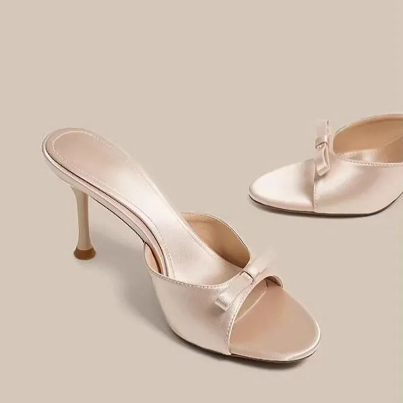 Satin Butterfly-Knot High Heel Slides – Women's Party Sandals High Heel Sandals Axl 36 Champagne