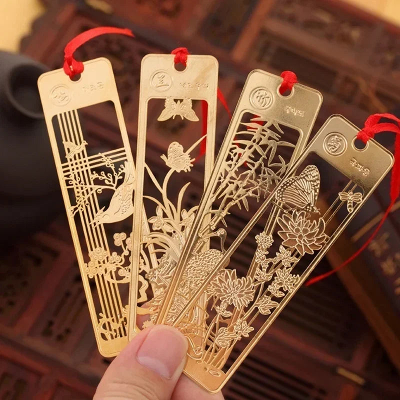 Chinese Style Metal Hollow Bookmarks with Red Knot | Gift Set Metal Bookmarks Axl
