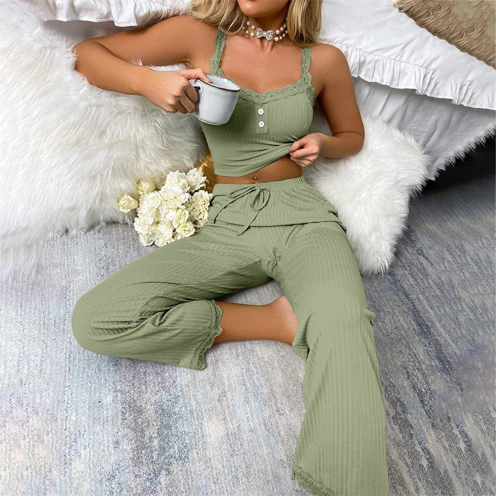 Women's Lace Trim 2-Piece Pajama Set – Soft Spaghetti Strap Sleepwear Pajama Set Axl Mustard Green M