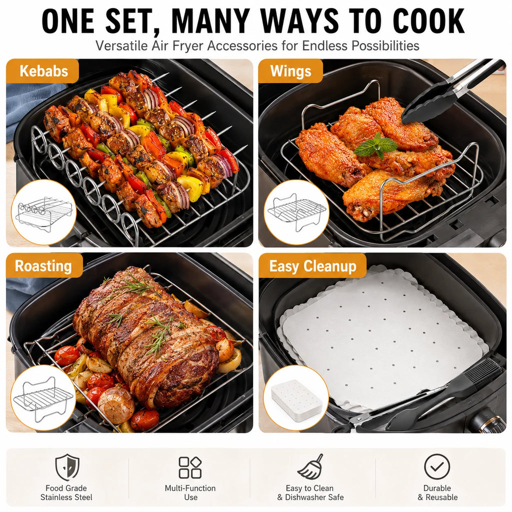 Dual Air Fryer Multi-Layer Rack with Skewers & Baking Paper Air Fryer Rack Set Axl