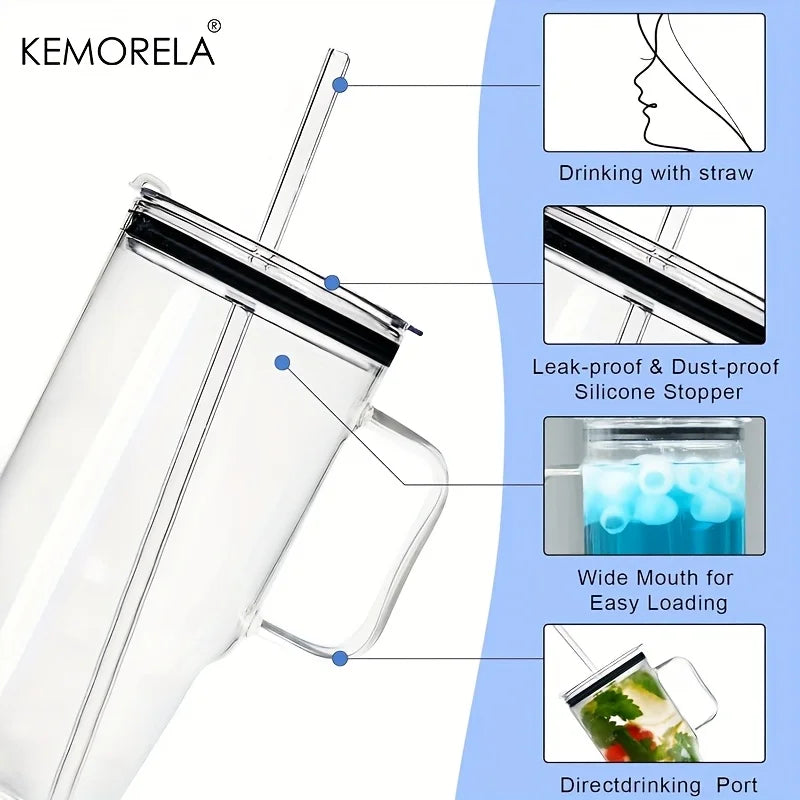 KEMORELA 40oz Glass Tumbler with Handle, Lid & Straw | 1–2 Pack Glass Tumbler Axl