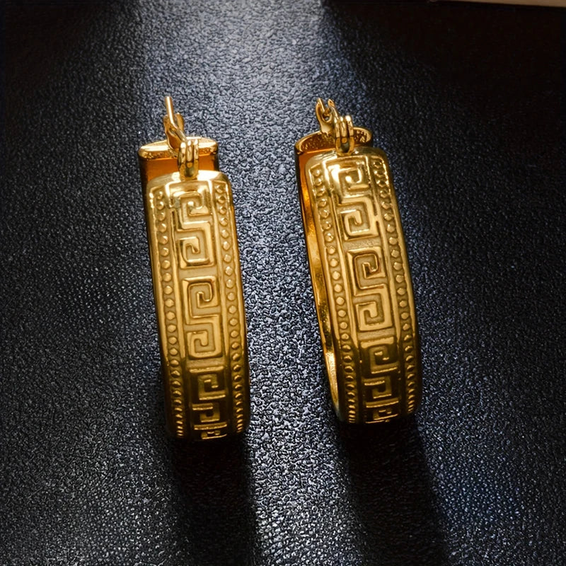 Huitan Greek Key Hoop Earrings – Vintage Geometric Women's Jewelry Hoop Earrings Axl
