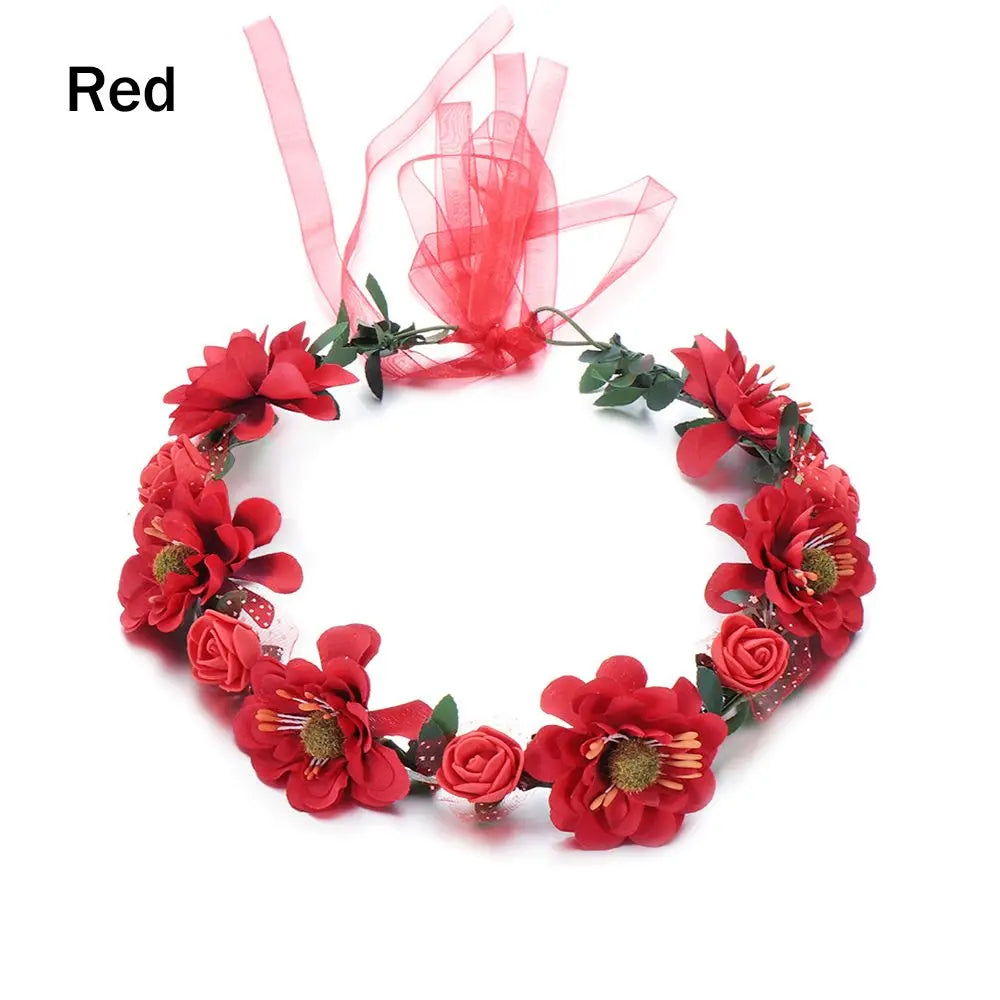 Floral Rose Crown Headband – Adjustable Ribbon Bridal Halo Floral Crown Headband Axl red