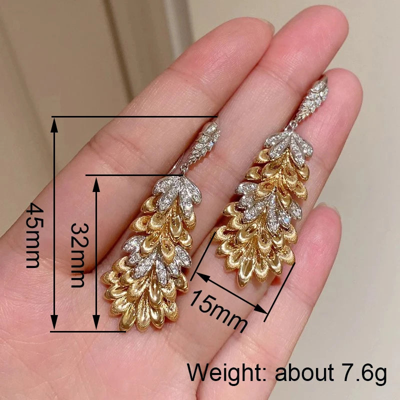 Huitan Two-Tone Leaf Drop Earrings | Cubic Zirconia Wedding Jewelry Drop Earrings Axl