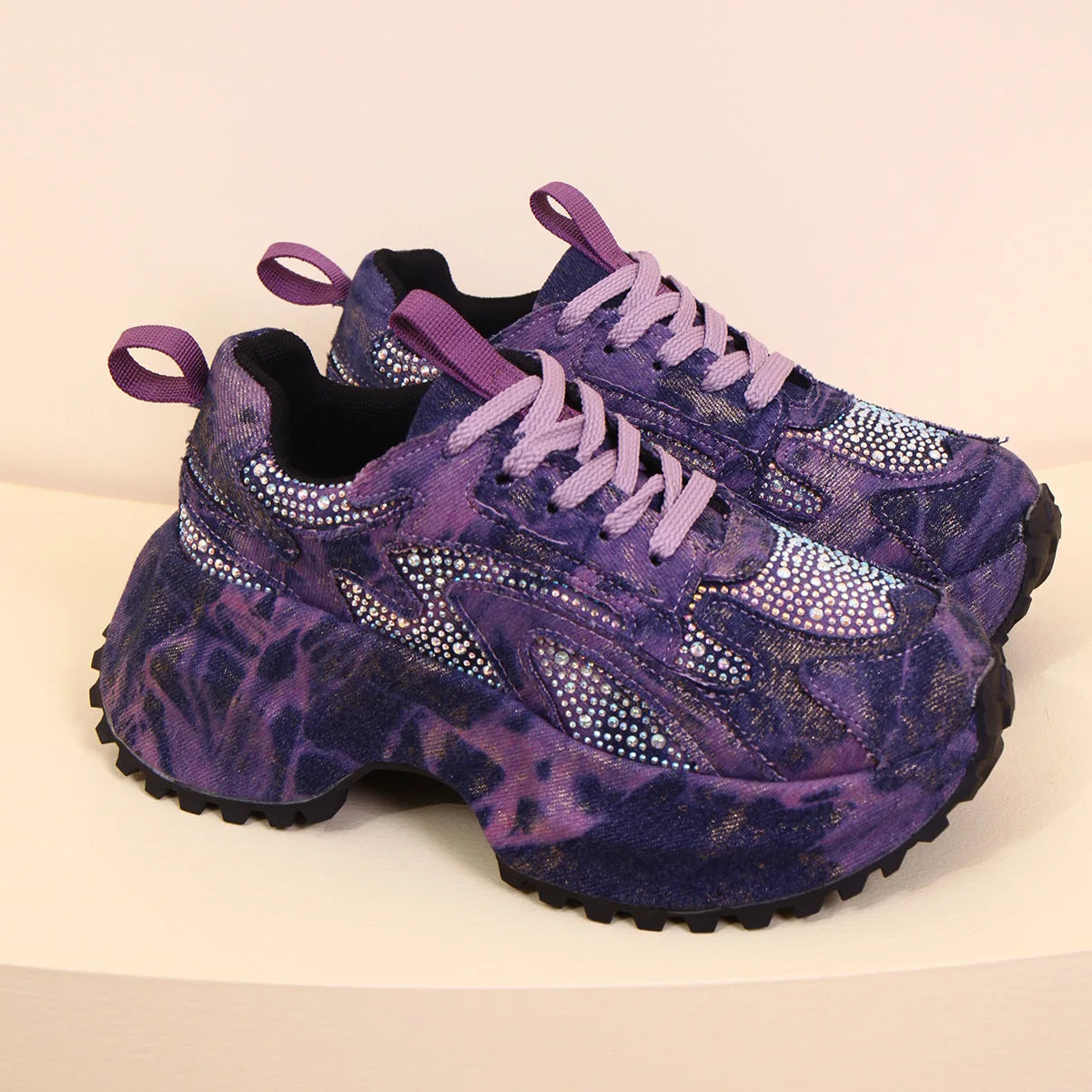 Women's Rhinestone Chunky Platform Sneakers | Denim Canvas Platform Sneakers Axl Purple 35