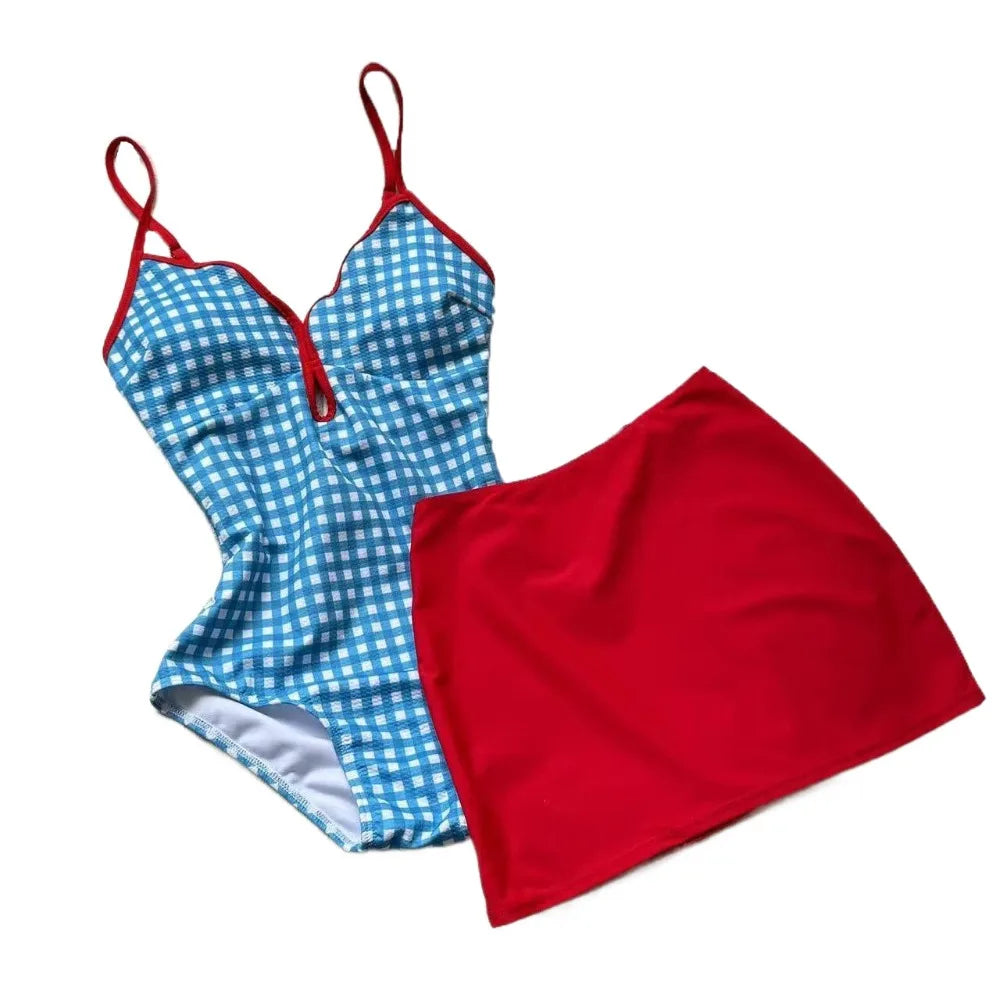 Women's Plaid Two-Piece Swimsuit Set | Scalloped Skirt Blue Women's Swimsuit Set Axl Swimsuit and skirt L