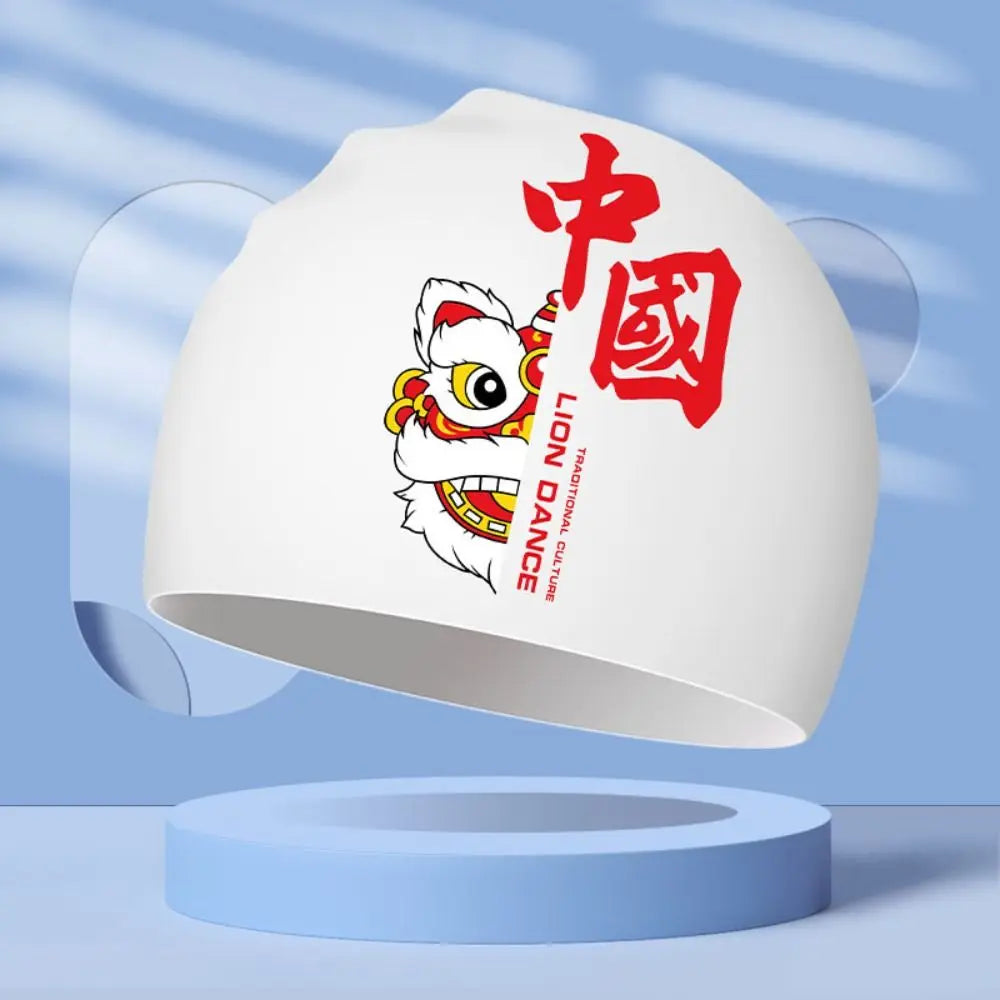 Lion Dance Waterproof Silicone Swimming Cap – Adult Long Hair Swim Cap Axl white