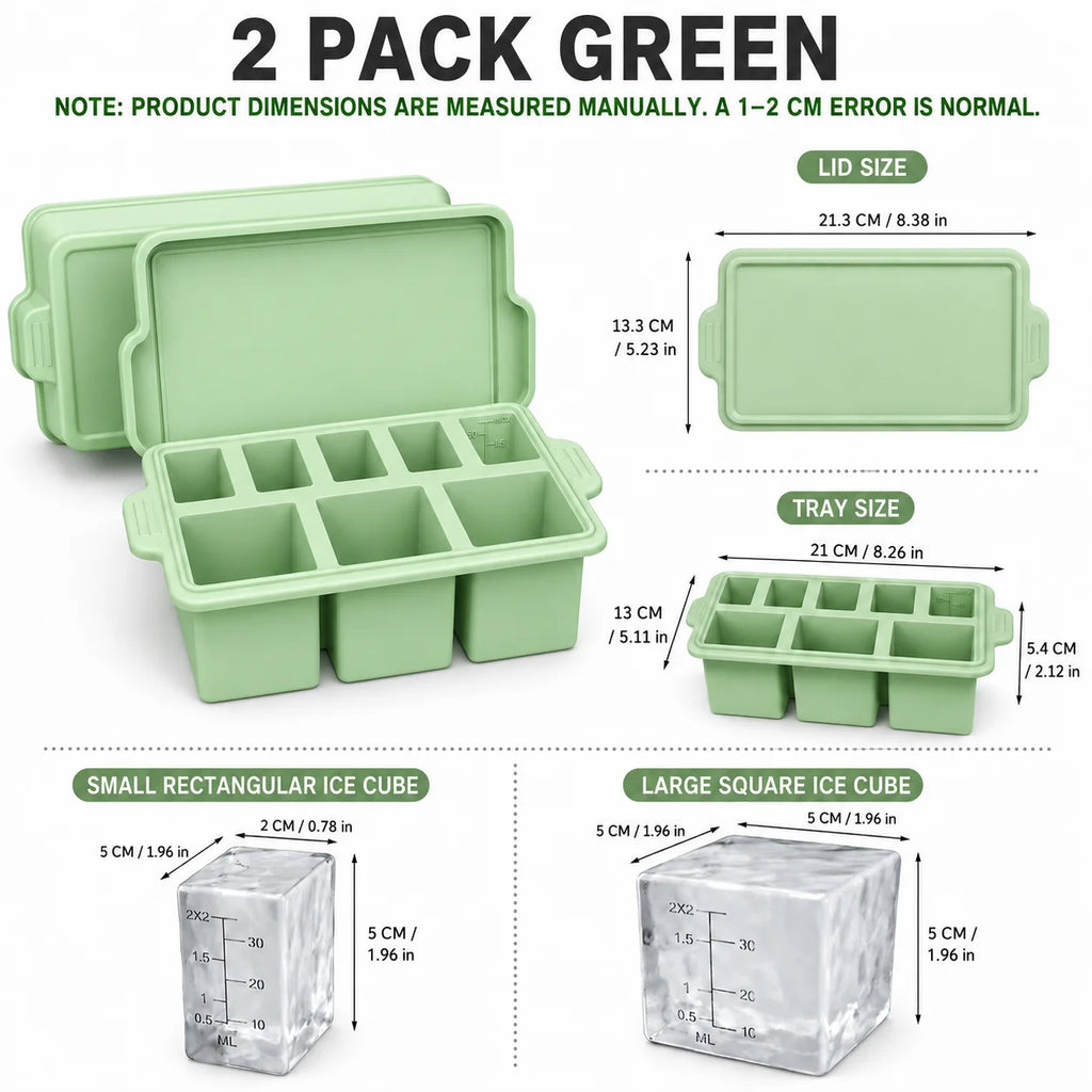 Silicone Ice Cube Tray with Metal Frame & Lid | 8 Large Cubes Silicone Ice Cube Tray Axl 2 Pack Green