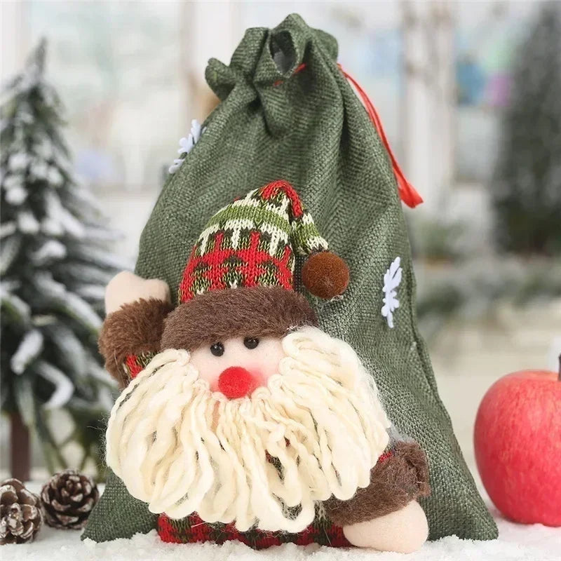 Linen Drawstring Christmas Gift Bags | Holiday Candy Bags Christmas Gift Bag Axl Santa Claus