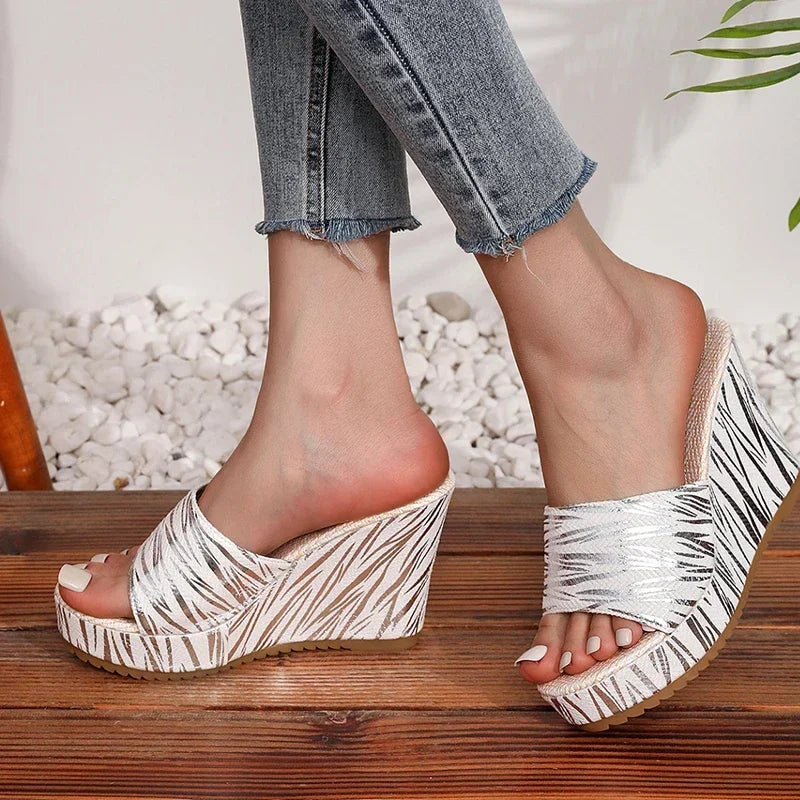 Women's Stripe Wedge Platform Slides | Chunky High Heel Slippers Wedge Platform Slides Axl
