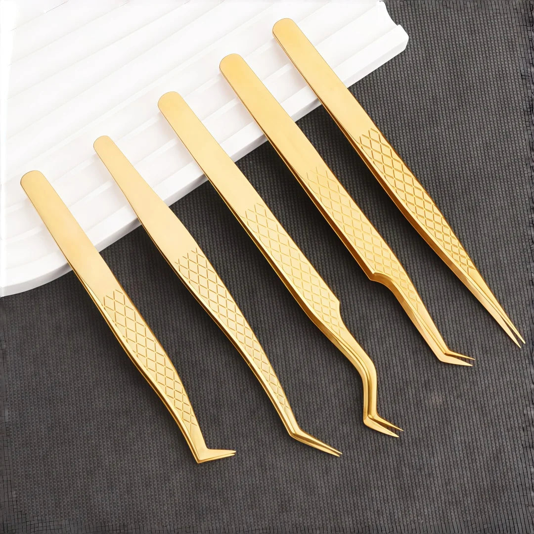 Golden Net Pattern Eyelash Extension Tweezers | Precision Lash Clip Eyelash Tweezers Axl 5Pcs