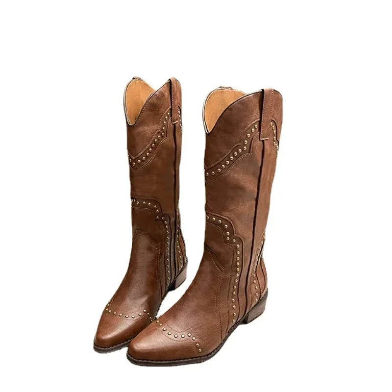 Women's Retro Rivet Mid-Calf Cowboy Boots | Slip-On Western Western Cowboy Boots Axl