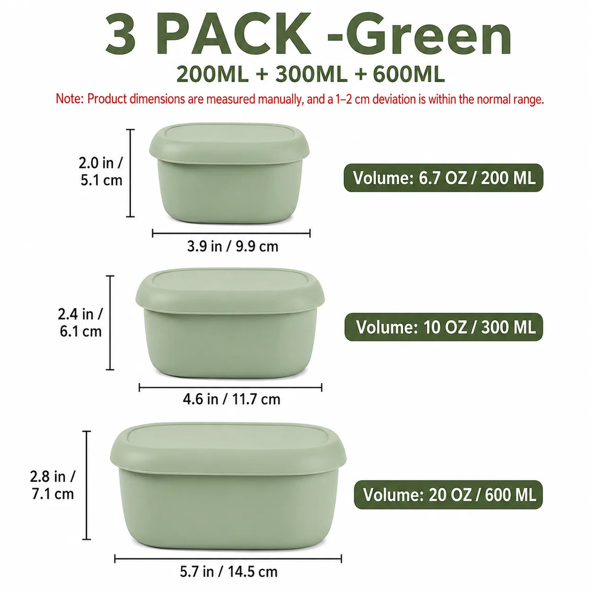 Silicone Bento Lunch Box Set of 3 – Nesting Food Containers Food Storage Set Axl 3 PACK- Green
