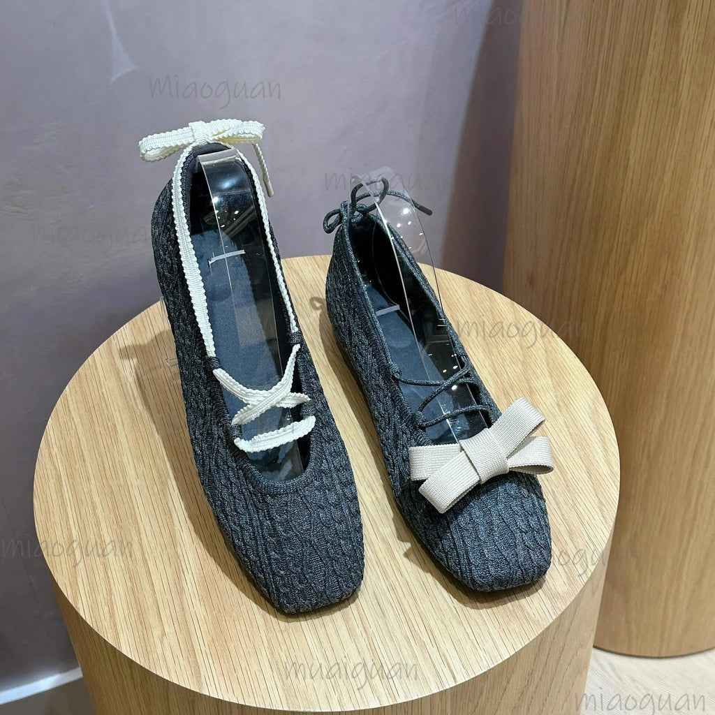 Women's Knit Ballet Flats – Square Toe Cross Strap Lace-Up Ballet Flats Axl