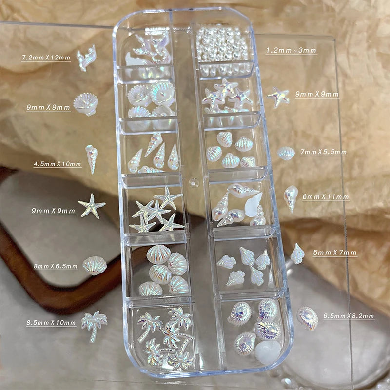 3D Ocean Nail Charms – Shell, Starfish & Mermaid 12-Grid Box Nail Art Charms Axl