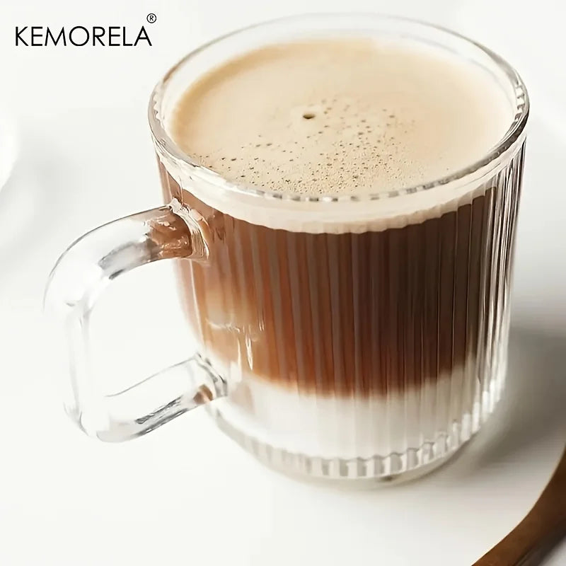 KEMORELA 350ml Vertical Grain Glass Coffee Cup with Handle Glass Coffee Cup Axl