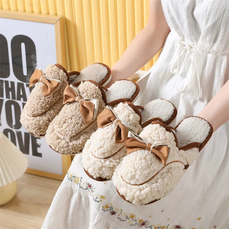 Women's Winter Plush Fur Slippers – Cute Bow Non-Slip Indoor Women's Indoor Slippers Axl