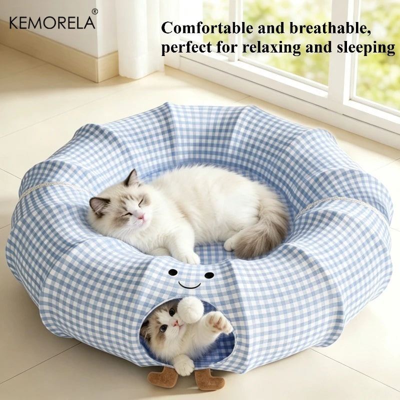 KEMORELA Foldable Cat Tunnel Bed – Washable & Breathable Cat Tunnel Bed Axl Blue 85x85x26cm