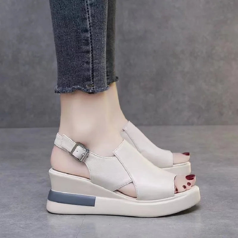 Women's Wedge Sandals – Retro Peep Toe Buckle Beach Shoes Wedge Sandals Axl