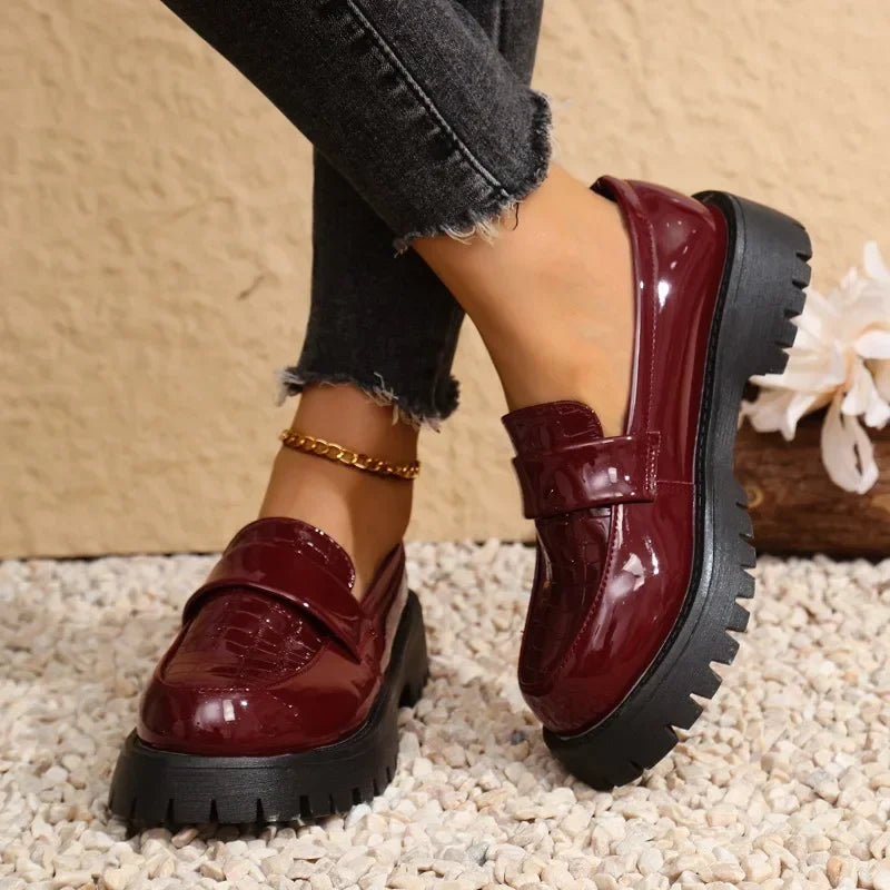 Women's Platform Block Heel Loafers – Slip-On Round Toe Flats Platform Loafers Axl