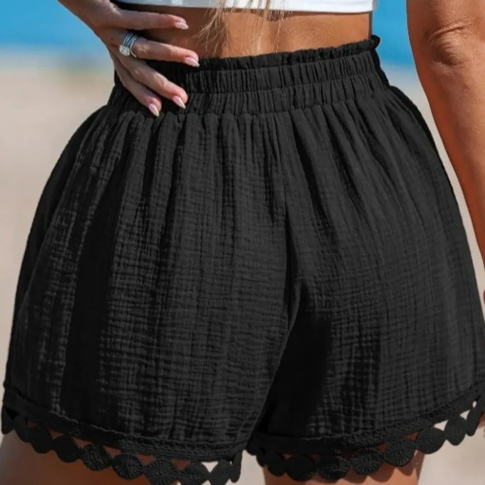 Women's Lace-Trim Wide Leg Beach Shorts | Loose Resort Wear Women's Beach Shorts Axl