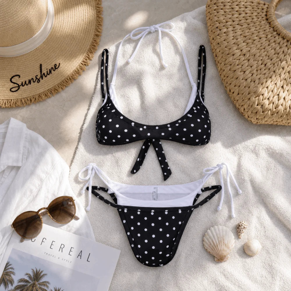 Polka Dot Halter Bikini Set – Push Up Deep V Lace-Up Swimwear Halter Bikini Set Axl