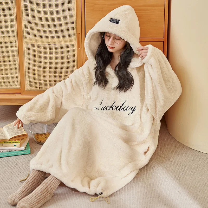 Women's Hooded Coral Velvet Nightgown – Plush Flannel Pajama Dress Hooded Nightgown Axl