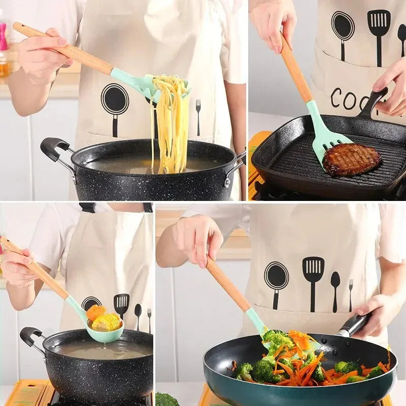 12-Piece Silicone Kitchen Utensil Set – Wooden Handles Silicone Utensil Set Axl