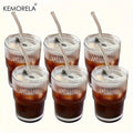 KEMORELA 450ml Stripe Glass Cups with Lid & Straw | 4/6 Pack Glass Drinkware Set Axl 6PCS 401-500ml