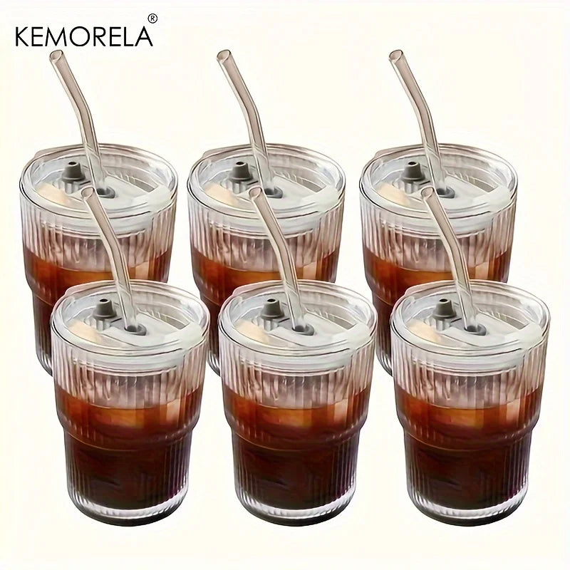 KEMORELA 450ml Stripe Glass Cups with Lid & Straw | 4/6 Pack Glass Drinkware Set Axl 6PCS 401-500ml