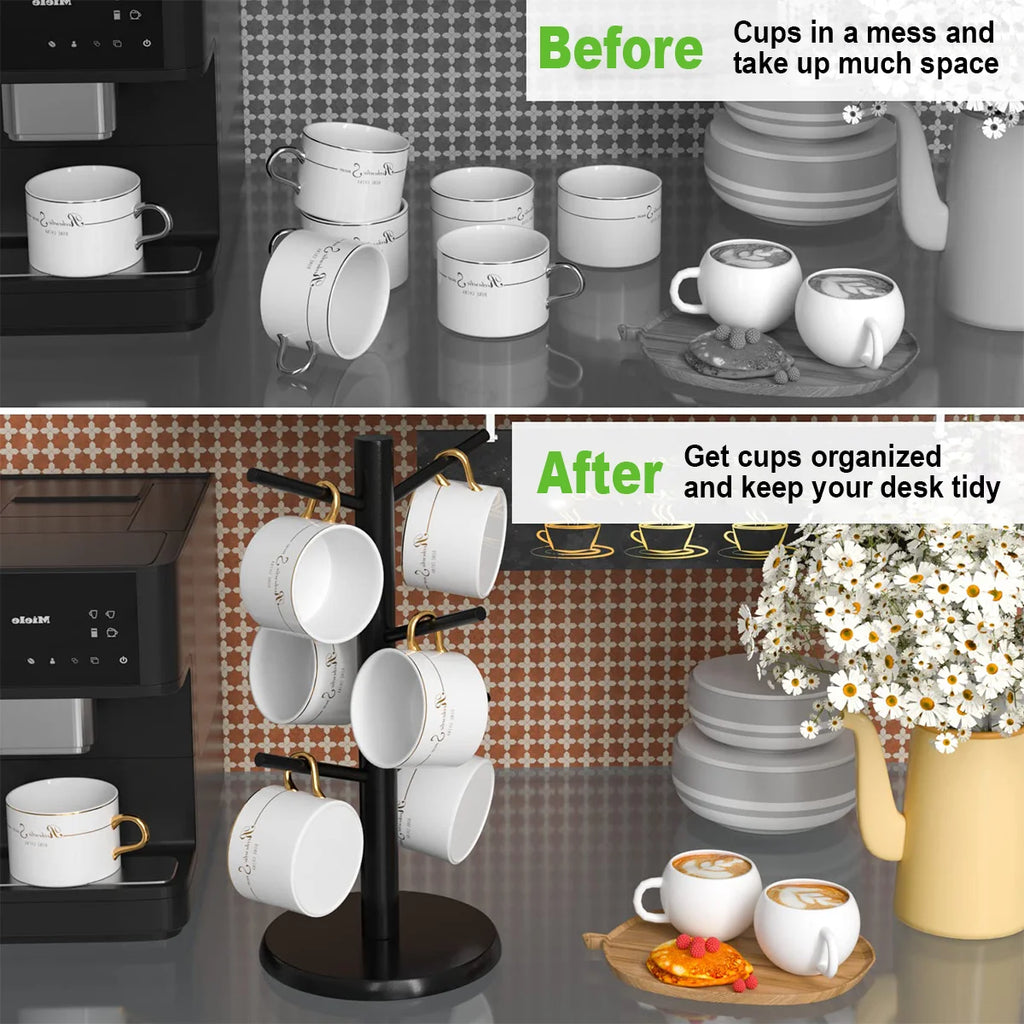 Bamboo Mug Tree Stand – 6-Cup Space-Saving Kitchen Organizer Mug Tree Stand Axl