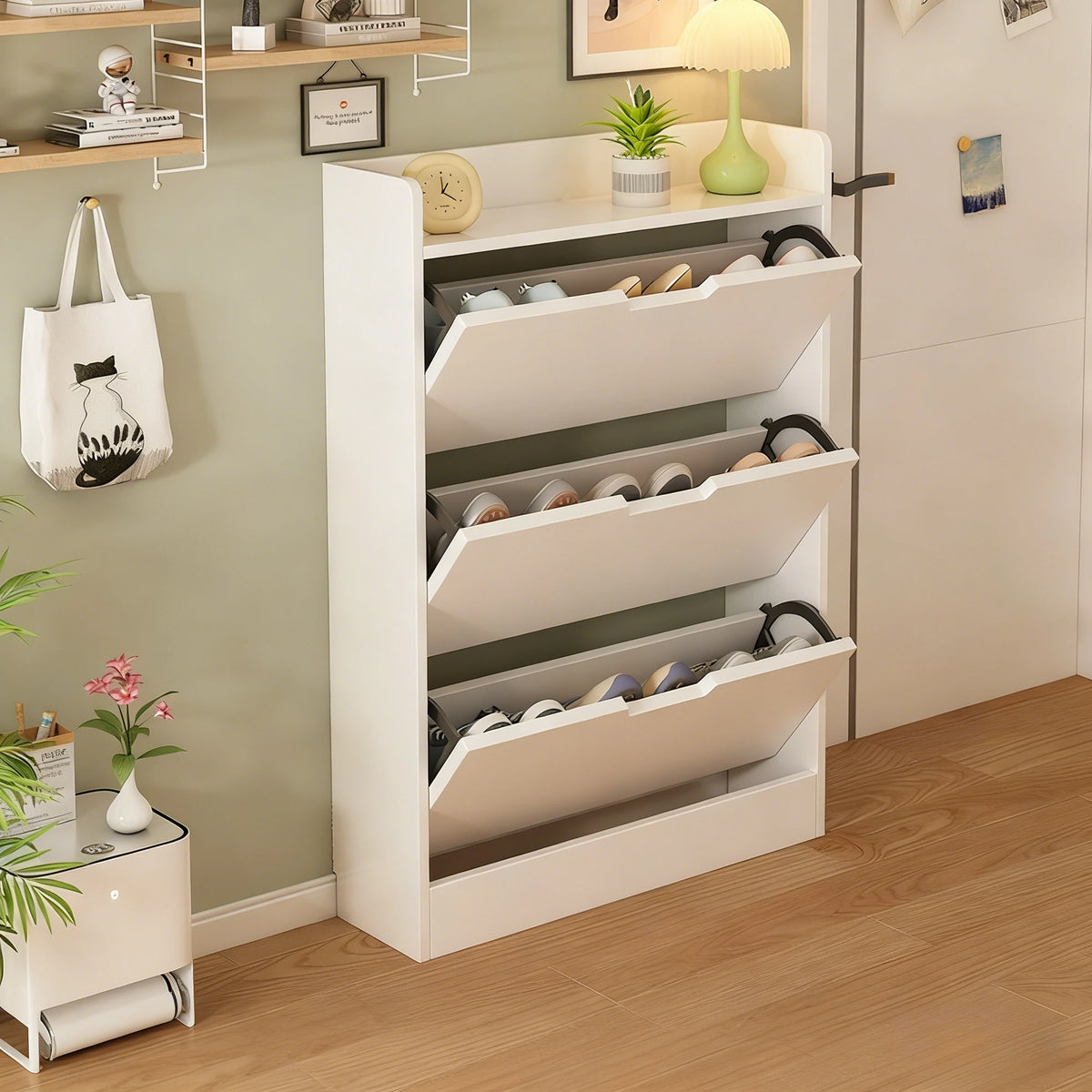 Wooden Narrow Shoe Cabinet – Large Capacity Dustproof Shelf Shoe Cabinet Axl WHITE
