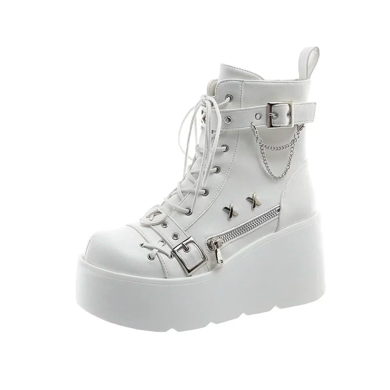 Gothic Platform Wedge Mid-Calf Boots – Women's Lace-Up Platform Wedge Boots Axl